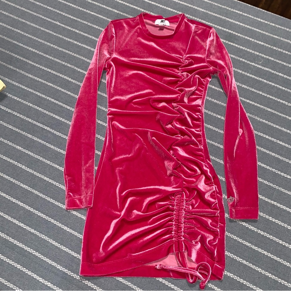 Juicy‎ Couture Barbie Pink Velvet Side Ruched Tie Long Sleeve Y2K Dress XS